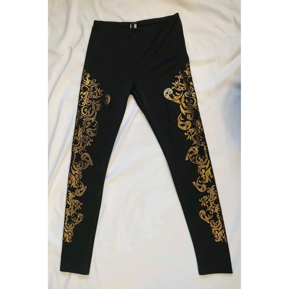 Love Culture Y2K Leggings Black & Gold Statement Style Bead Stud Leg Goth Sz L - Picture 2 of 8